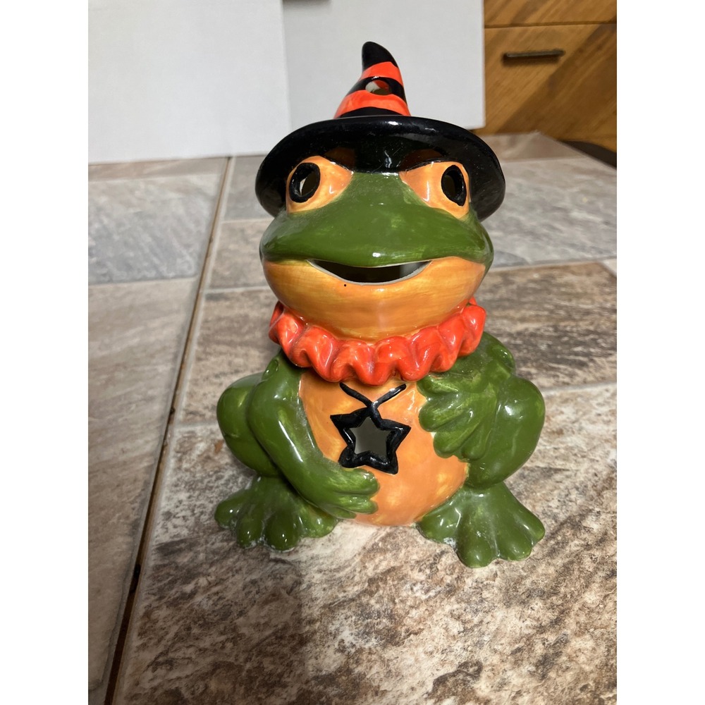 Pacific Rim Halloween Witch Frog Ceramic Tea Light Candle Holder Green Orange